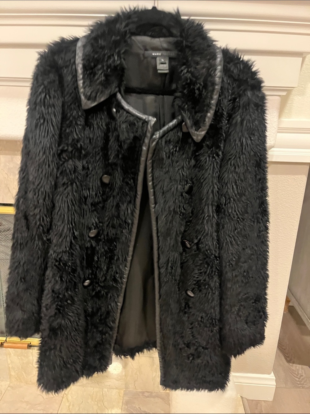 Marc Jacobs Black Faux Fur Teddy Coat with Leather Trim
